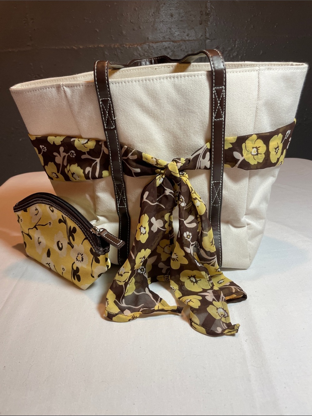 Canvas Tote Bag with Floral Scarf Accent - Cream and Yellow Victoria Secret